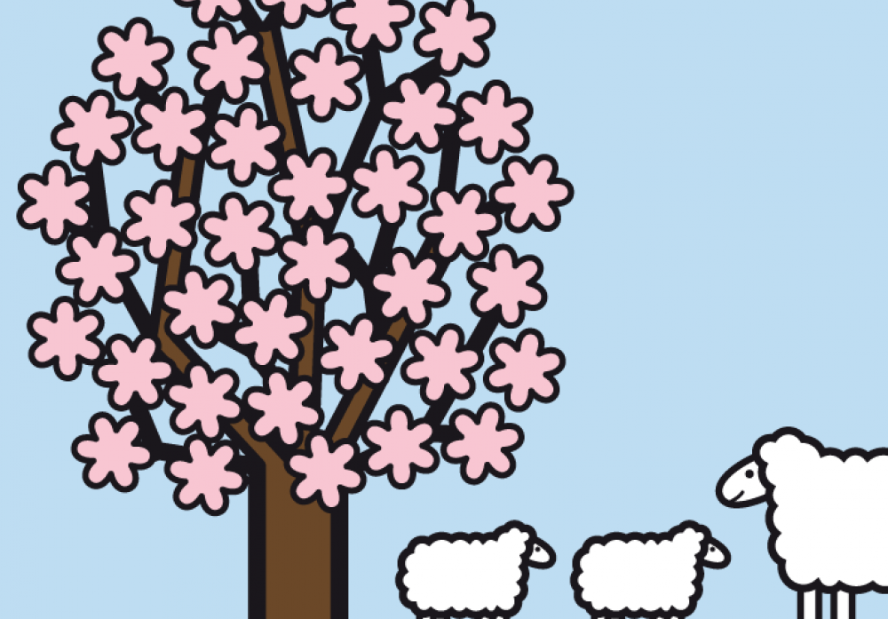 Blütenbaum mit Schafen