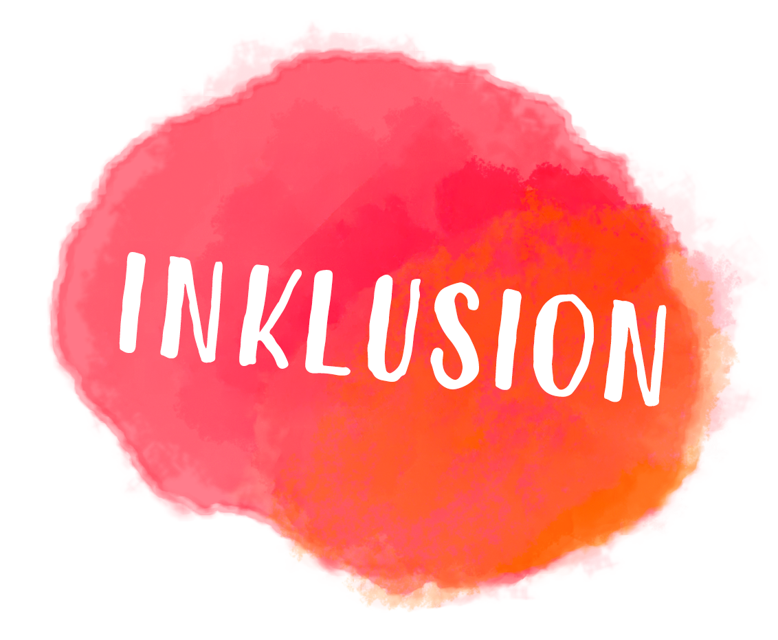 Schriftzug "Inklusion" auf einem bunten Klecks